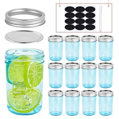 3er Bubble 12er Pack 8 oz Mason Gläser mit Deckeln, Blaue Konservierungsgläser, Ideal für Lebensmittel, Marmelade, Konservierung, Honig, Marmelien Gläser