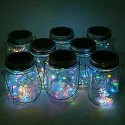 Cynzia Solar Mason Jar Lid Lights, 8 Pack 20 LED Waterproof Fairy Star Firefly String Lights with (8 Hangers Included,Jars Not Included), for Mason Jar Table Garden Wedding Party Decor (4 Colors)