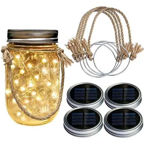 Homeleo 4 Set Waterproof Solar Mason Jar String Lights Lids with Handmade Country Style Burlap Hangers for Garden Backyard Outdoor Christmas Decoration(Jars Not Included)