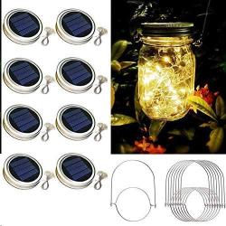 Solar Mason Jar Lid Lights,8 Pack 30 Led Lights Starry Fairy Firefly Jar Lights, Solar Lantern Lights for Outdoor Patio Garden Yard Wedding Decor,8 Hangers Included(Jars Not Included) (Warm White)