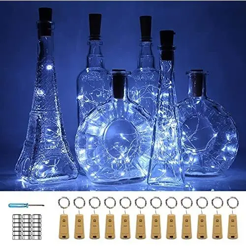 LED Weinleuchten mit Korken – KOLANDY 12er Pack 20 LED Akkubetriebene Mini Lichterkette für DIY, Party, Dekoration, Hochzeit, Halloween, Weihnachten (Kaltweiß)
