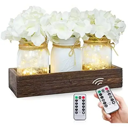 Holz-Schalen-Leuchten für Glasbehälter, Rustikale Landhausdeko mit künstlichen Blumen, Dekorativer Tabletts für Wohnzimmer, Esszimmer, Küche, Garten – Rustikal, Landhausstil.