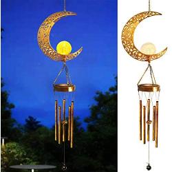 Hanging Garden Solar Lights Wind Chimes Outdoor Retro Brass Metal Moon Crackle Glass Globle Warm LED Moon Lights,Unique Memorial Gift with 5 Metal Tubes for Patio Garden Yard Lawn Decorations - 1 Pack