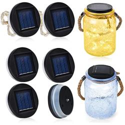 6 Pack Mason Jar Lights, 4 White Solar Lids Lights and 2 Warm White Solar String Lights with Hanging Rope (NO Jars), Solar Lights Replacement Top for Outdoor Hanging Lanterns,Silicone Edge 3.15 in