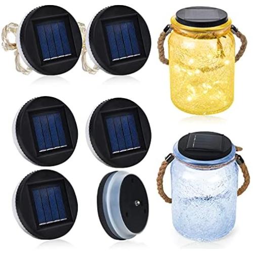 6 Pack Mason Jar Lights, 4 White Solar Lids Lights and 2 Warm White Solar String Lights with Hanging Rope (NO Jars), Solar Lights Replacement Top for Outdoor Hanging Lanterns,Silicone Edge 3.15 in