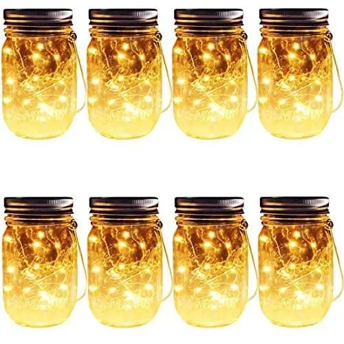 Solar Mason Jar Hängeleuchten, 8er Set mit 30 LEDs (Haken & Gläser inklusive) Solar Laternen Tischleuchten, Outdoor Gartenlampe Dekoration für Terrasse Garten, Hof, Boden, Treppe und Terrasse
