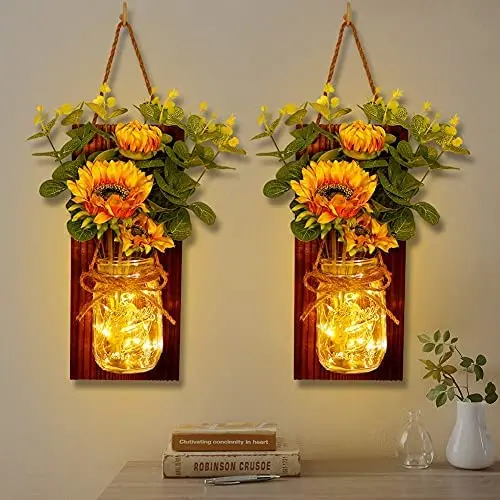 UnsereWarm Set von 2 Sonnenblumen-Mason-Jar-Wandleuchten, rustikale Wandleuchten, handgefertigte hängende Mason-Jars mit LED-Fairy Lights für Wohnzimmer, Küche, Landhausstil, Dekorative Beleuchtung