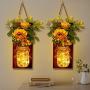 OurWarm Set of 2 Sunflower Mason Jar Sconces Wall Decor, Rustic Wall Sconces Handmade Hanging Mason Jars with LED Fairy Lights for Home Kitchen Living Room Farmhouse House Decorations Lights