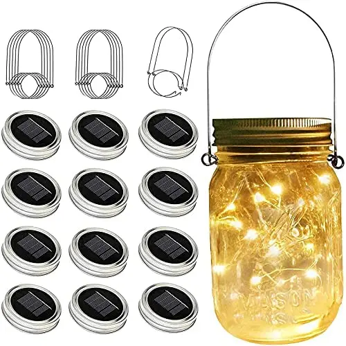 Guirlandes Lumineuses Solaires en Mason Jar, 12 Pièces, 30 LED, avec 12 Supports et 3 PVC. Décoration Idéale pour Courtyard, Jardin, Patio, Jardin, Famille, Fête, Anniversaire, Mariage. (Pas de Pots) Lumière Chaude.
