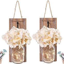 AMZYY Mason Jar Flower Light Rustic Wall Sconces Decoration Handmade Wall Decor Hanging Design with Led Fairy Lights Living Decor for Loft Kitchen,Brown