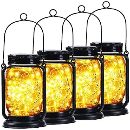4er Pack Yeuago Solar Laternen Outdoor Garten Dekoration Hänge Mason Jar Solarleuchten mit 30 LEDs Retro Design Wasserdicht für Draußen (Warme Beleuchtung)