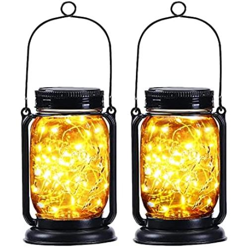 2 Pack Yeuago Mason Jar Solar Lights Outdoor Hanging Waterproof Solar Lantern with 30 Led String Lights Retro Design for Patio, Yard, Garden and Pathway Decoration ( Warm Light )