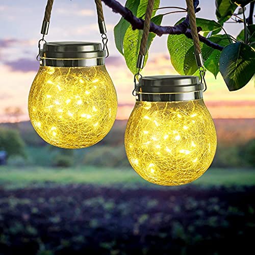 2 Pack Hanging Outdoor Solar Lights, Outdoor Decorative Crackle Mason Jar Glass Lamp, Waterproof Solar Lanterns with Handle for Garden, Yard, Porch, Tree, Tabletop Decorations (Warm White)