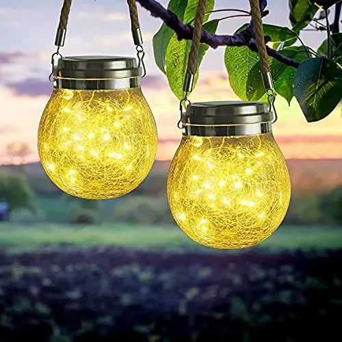 2 Pack Hanging Outdoor Solar Lights, Outdoor Decorative Crackle Mason Jar Glass Lamp, Waterproof Solar Lanterns with Handle for Garden, Yard, Porch, Tree, Tabletop Decorations (Warm White) 2 Pack Hanging Outdoor Solar Lights, Outdoor Decorative Crackle Mason Jar Glass Lamp, Waterproof Solar Lanterns with Handle for Garden, Yard, Porch, Tree, Tabletop Decorations (Warm White)
