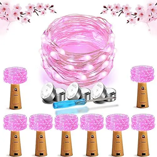 Wein-Glühbirnen-Lichter, Kork-Lichter, batteriebetriebene Laternen, 8er-Set, 20 Mini LED-Glühwürmchen, Sternen-Lichterketten, 7Ft Silberdraht für Hochzeit, Schlafzimmer, Party, Bar Dekoration - Rosa