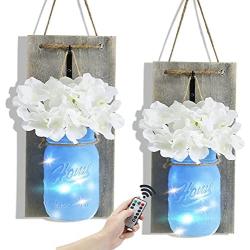 Rustic Wall Sconces Mason Jar Decorative,Home Decoration Wall Decor Handmade Hanging with 6 Hour Timer LED Fairy Lights and Flowers,Farmhouse Sconce Jars for Living Home Kitchen Decor Set of 2 (Blue)