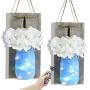 Rustic Wall Sconces Mason Jar Decorative,Home Decoration Wall Decor Handmade Hanging with 6 Hour Timer LED Fairy Lights and Flowers,Farmhouse Sconce Jars for Living Home Kitchen Decor Set of 2 (Blue)