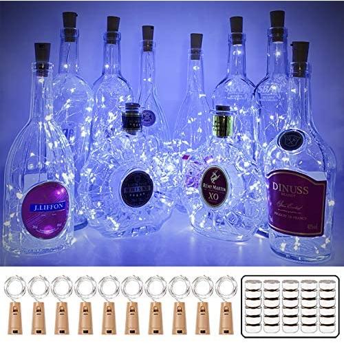 MUMUXI 10 Pack 20 LED Wine Bottle Lights, 3.9ft Silver Wire Cork Lights Battery Operated Fairy Mini String Lights for Liquor Bottles Crafts Party Wedding Halloween Christmas Decor,Cool White