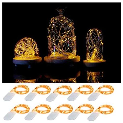 10 Pack Led Fairy String Lights 20 Pre-Installed+10 Replacement Batteries Included, 7.2ft/2.2m 20 Moon Starry LED on Silver Coated Copper Wire - 2 x CR2032 Battery Operated Lights (Yellow)