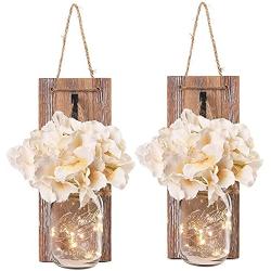 AMZYY Mason Jar Flower Light Rustic Wall Sconces Decoration Handmade Wall Decor Hanging Design with Led Fairy Lights Living Decor for Loft Kitchen,Brown