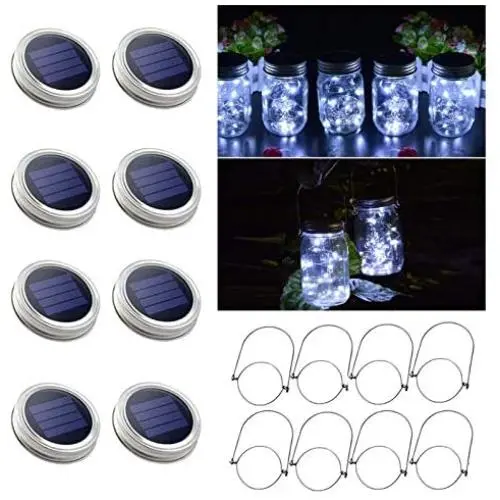 8 Pack Solar Mason Jar Lights, 30 LED White Solar Fairy String Lights Lids with 8 Hangers(Jars Not Included), Best for Mason Jar Decor,Outdoor Lawn Patio Garden,Party,Christmas