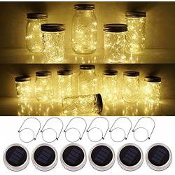 SmilingTown Mason Jar Lid Solar String Lights, Warm White 6 Pack 20 LED Waterproof Hanging Fairy Starry Lighting for Regular Mouth Jars Patio Wedding Lantern Table Decor (Warm White)