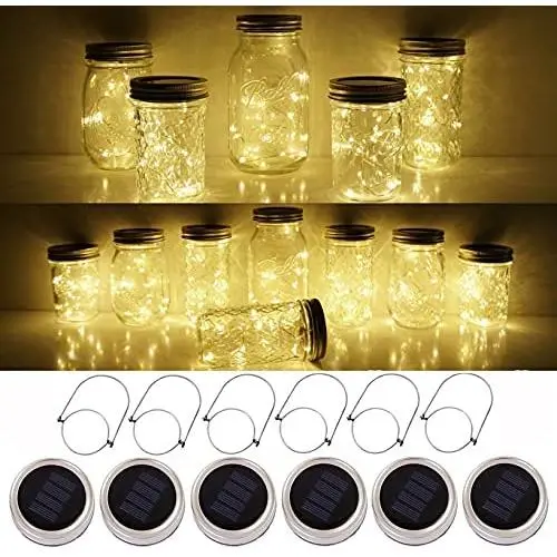 Solar String Lights mit Mason Jar Deckel, Warme Weiß, 6er Pack, 20 LED, Wasserdicht, Hänge-Fairy-Sternbeleuchtung für Standard-Mason-Jars, für Patio, Hochzeit, Laternen, Tischdeko (Warme Weiß)
