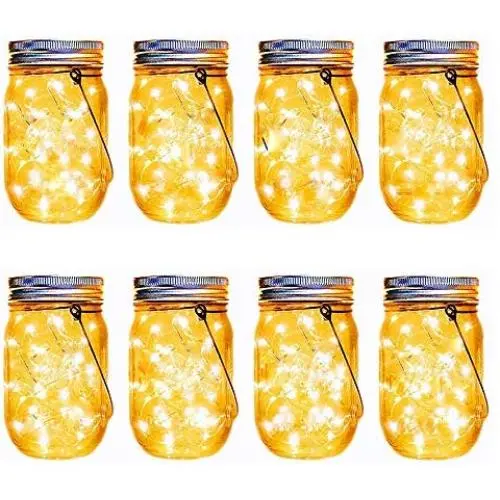 Aikeve Solarleuchter, 8er Pack mit 30 LEDs, Hängende Laternen aus Glasgefäßen, für Outdoor-Party, Garten, Hochzeit, Weihnachten Dekoration (Glasgefäße/Henkel enthalten)