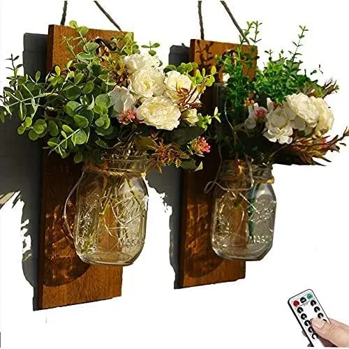 Rustikale Holzleuchten für die Wand, Mason Jar Leuchten Set aus 2, Wohnzimmer Dekoration, Holz-Wandkunst, mit Sternenlicht, Dunkelgrauer Holzplatte, für Wohnraum (Braun)
