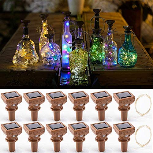 Verbesserte 12er Solar Weinvorrats-Lichter, 20 LEDs Wasserdichte Kupferlichter, Flaschenvorrats-Fairy-Weihnachtslichtketten für Outdoor/Hochzeit Dekoration (Mehrfarbig)