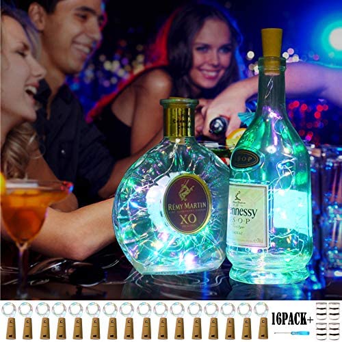 VOOKRY Weinvorratsleuchten, 16er Pack Korkleuchten mit 48 integrierten + 12 Backup-Batterien, Mehrfarbige LED-Leuchten für DIY Party Weihnachtsdekoration, Hochzeiten (Mehrfarbiger Flacker)