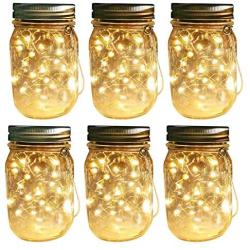 Outdoor Solar Powered Mason Jar Lights – 6 Pack Waterproof 30 Mini LED Fairy Star Firefly Garden Table Decorations Patio Lighting Decor Lanterns Backyard Tree Hanging Lawn Porch Decorative Warm White