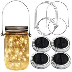 Homeleo 4 Pack 20 Led Warm White Waterproof Solar Mason Jar Light Lid with Hangers for Regular Mouth Mason Jar Outdoor Garden Backyard Christmas Halloween Decoration(Jars Not Included)