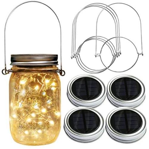 4er Pack Warmweiße 20 LED Solar Mason Jar Lichtdeckel mit Hängern für Regular Mouth Mason Jar Outdoor Garten Weihnachts Halloween Dekoration (Gläser nicht enthalten)