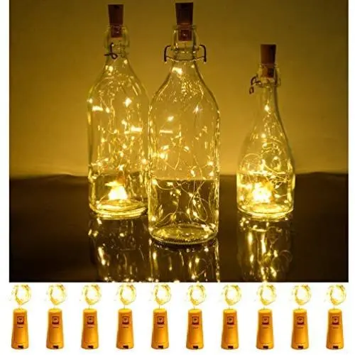 SODELIC Korken-Lichter für Weinflaschen, 10er-Set, 2,0 m (6,5 ft) mit 20 LEDs, wasserdicht, batteriebetrieben, silberne Draht-Lichterketten für Spirituosenflaschen, Basteln, Party, Halloween, Weihnachten, Bar Dekoration, warmweiß…
