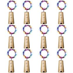 Aluan Wine Bottle Lights 12 Pack 20LED Cork Bottle Lights with Screwdriver Battery Operated Wine Cork Lights String Lights for Party Wedding Christmas Halloween Bar Jar Lamp Decor, Colorful