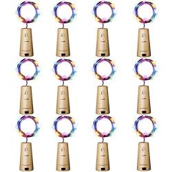 Aluan Wine Bottle Lights 12 Pack 20LED Cork Bottle Lights with Screwdriver Battery Operated Wine Cork Lights String Lights for Party Wedding Christmas Halloween Bar Jar Lamp Decor, Colorful