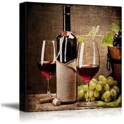 wall26 - Square Canvas Wall Art - Glasses of Wine with Wine Bottle and Grapes - Giclee Print Gallery Wrap Modern Home Art Ready to Hang - 24x24 inches