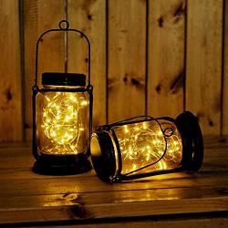 Hanging Solar Mason Jar Lights, Decorman 2 Pack 30 LED Waterproof Starry Fairy String Jar Lights Outdoor Solar Lantern Lamp with Stakes for Party, Patio, Yard, Garden, Pathway (Warm White)