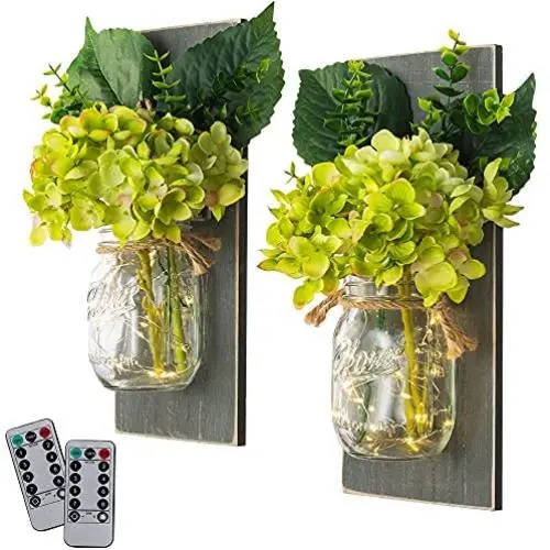Glasbehälter Wandleuchten mit Seil-LEDs (Set von 2) – Landhausstil Wanddekoration – Rustikaler Stil – Zwei Fernbedienungen – Grüne Pfingstblumen