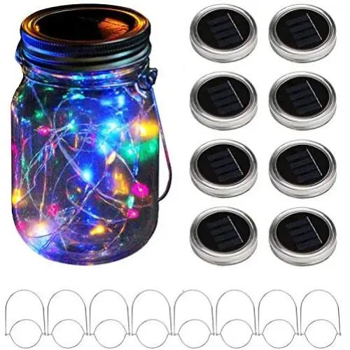 8er Set Solar Mason Jar Deckel Sternenlichter mit 8 Griffen, 10 LED Glöckchen-Laternen Set zur Aufhängung für Outdoor-Indoor-Patio-Hochzeitsdeko (Gläser nicht enthalten) (Farbig)