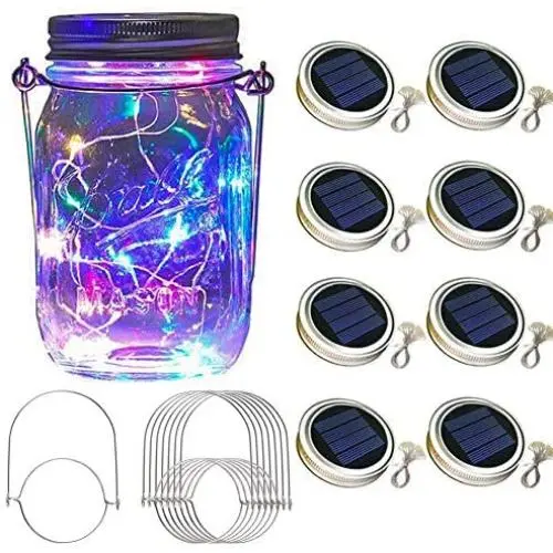 Solar Mason Jar Lid Lights 8er Pack, 30 LED Solar String Light Waterproof Fairy Hanging Lighting Solar Lids Jar Lights with 8 Hangers (Keine Gläser) für Garten, Terrasse, Tisch, Hochzeit Dekoration, Farbige