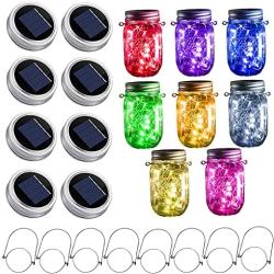 StarryMine Upgraded Solar Mason Jar Lights, 8 Pack 10 LED Waterproof Fairy Firefly Jar Lids String Lights with Hangers(Jars not Included), Patio Yard Garden Wedding Easter Decoration - 8 Colors