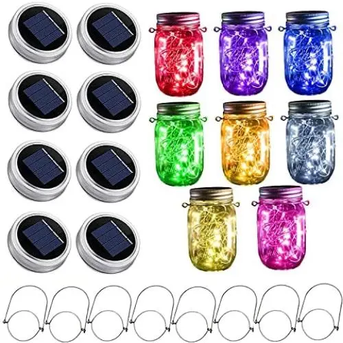Sternenlicht Upgegrannte Solar Mason Jar Lichter, 8er Pack 10 LED Wasserdichte Fee/Glühwürmer Gläser String Lichter mit Hängern (Gläser nicht enthalten), Garten, Hof, Hochzeit, Ostern Dekoration – 8 Farben