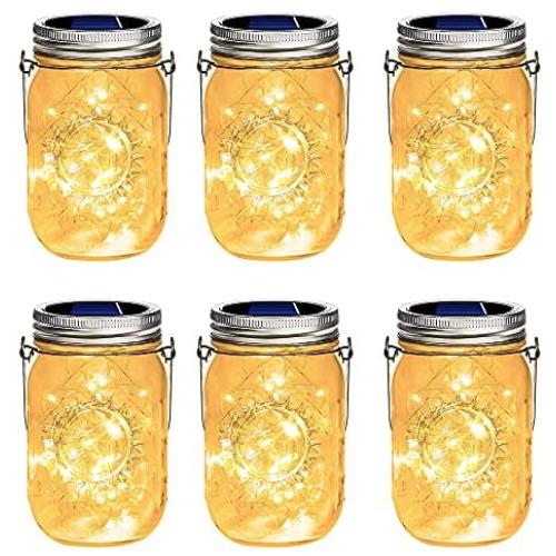 YKB Solar Mason Jar Lid Lights, 6 Pack Hanging Solar Lights Outdoor, 30 LEDs String Fairy Lights Led Table Lanterns, Decor for Garden Yard Patio Lawn Christmas (Hangers and Jars Included)