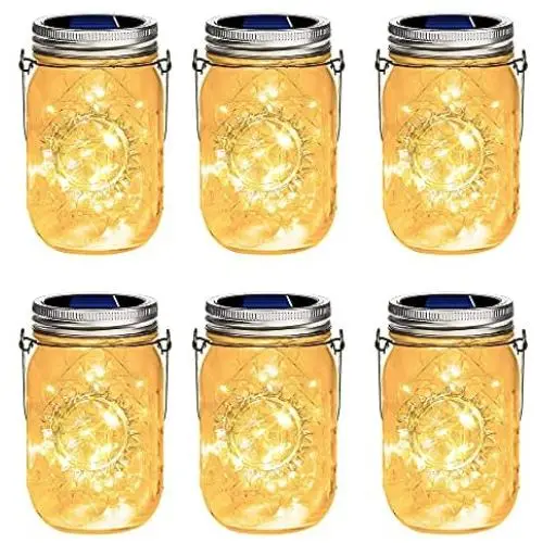 YKB Solar Glasgläser-Lampen, 6er Set Hängende Solarleuchten für Drinnen und Draußen, 30 LEDs Sterne-Lichter, LED-Laternen für Tisch und Garten, Dekoration für Garten, Hof, Rasen, Weihnachten (Haken und Gläser enthalten)