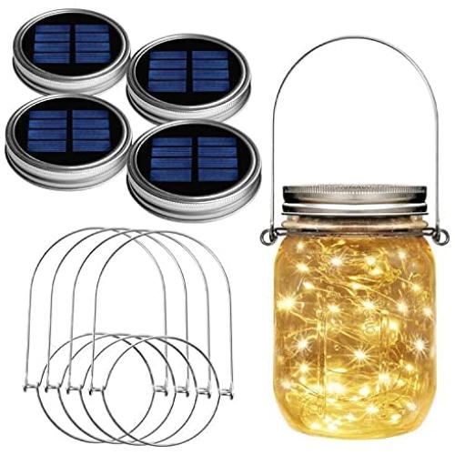 Warm White Solar Mason Jar Lights Outdoor Decor Waterproof, 4 Pack LED Wide Mouth Mason Jar Fairy Lights Solar Powered (Excluding Jars) for Outdoor/Indoor Patio Garden Wedding Table Top Decorations