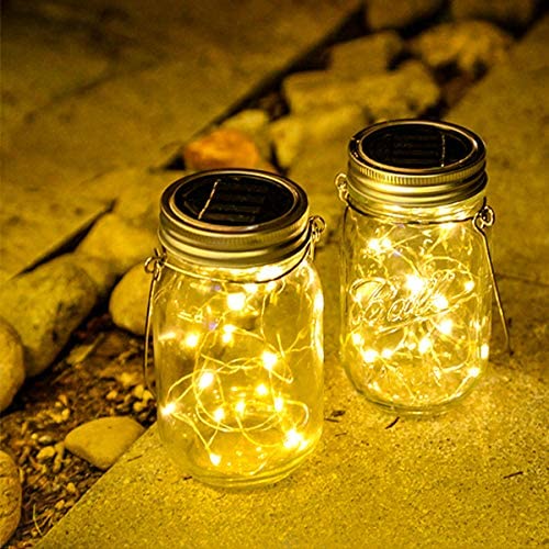 Starry Love Solar Mason Jar Lid Light Outdoor Waterproof，Warm White 2Pack,30 LED String Fairy Star Firefly Jar Lid Lights,Including 2 Hangers (Excluding Jars),for Terrace Garden Decoration