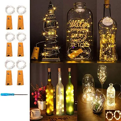 LED Kork Wein Flasche Sterne Glühbirnen Lichtketten, Batteriebetriebene Lichtkette mit 15 Mikro-LEDs DIY für Bar, Wein, Schlafzimmer, Partys, Hochzeiten Dekor (6 Stück 75cm/2,5ft Warmweiß)