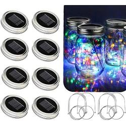 Solar Mason Jar Lights, 8 Pack 15 LED Waterproof Fairy Firefly Jar Lids String Lights with Hangers(NO Jars), Patio Yard Garden Wedding Easter Decoration - Multicolor